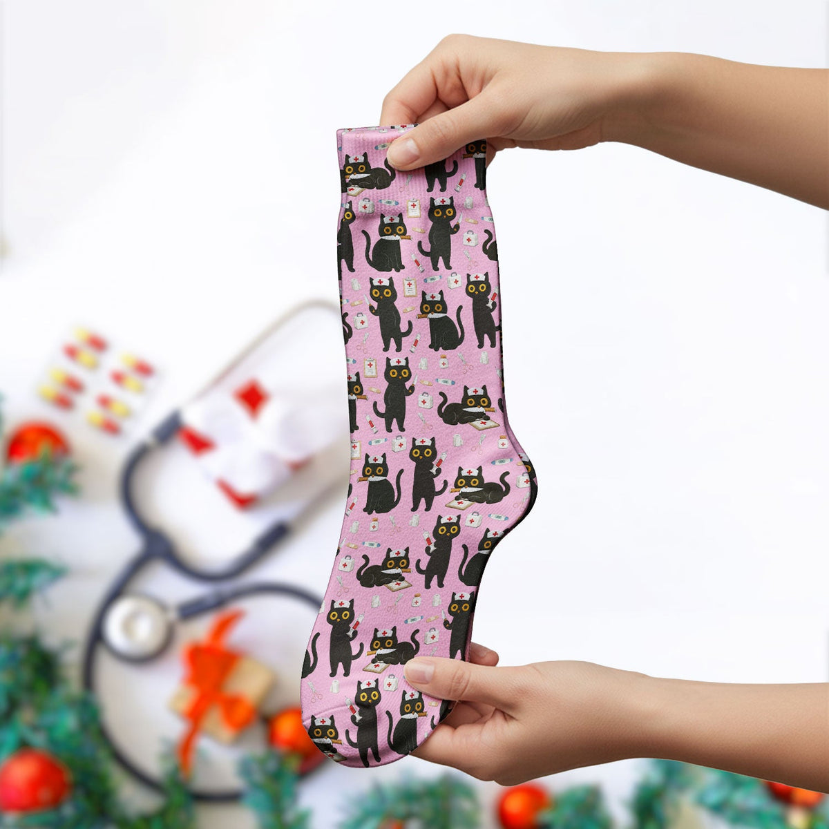 Cute Teal Black Cat Nurse Socks