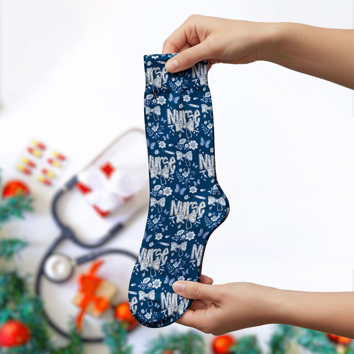 Blue Nurse Bow Butterfly Floral Socks
