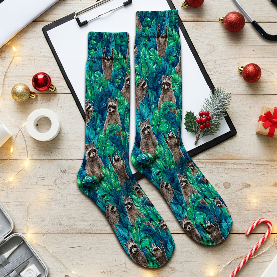 Tropical Raccoon Jungle Leaves Nurse Socks