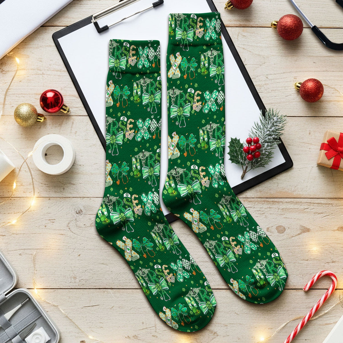 St Patrick Clover Green Bow Nurse Socks