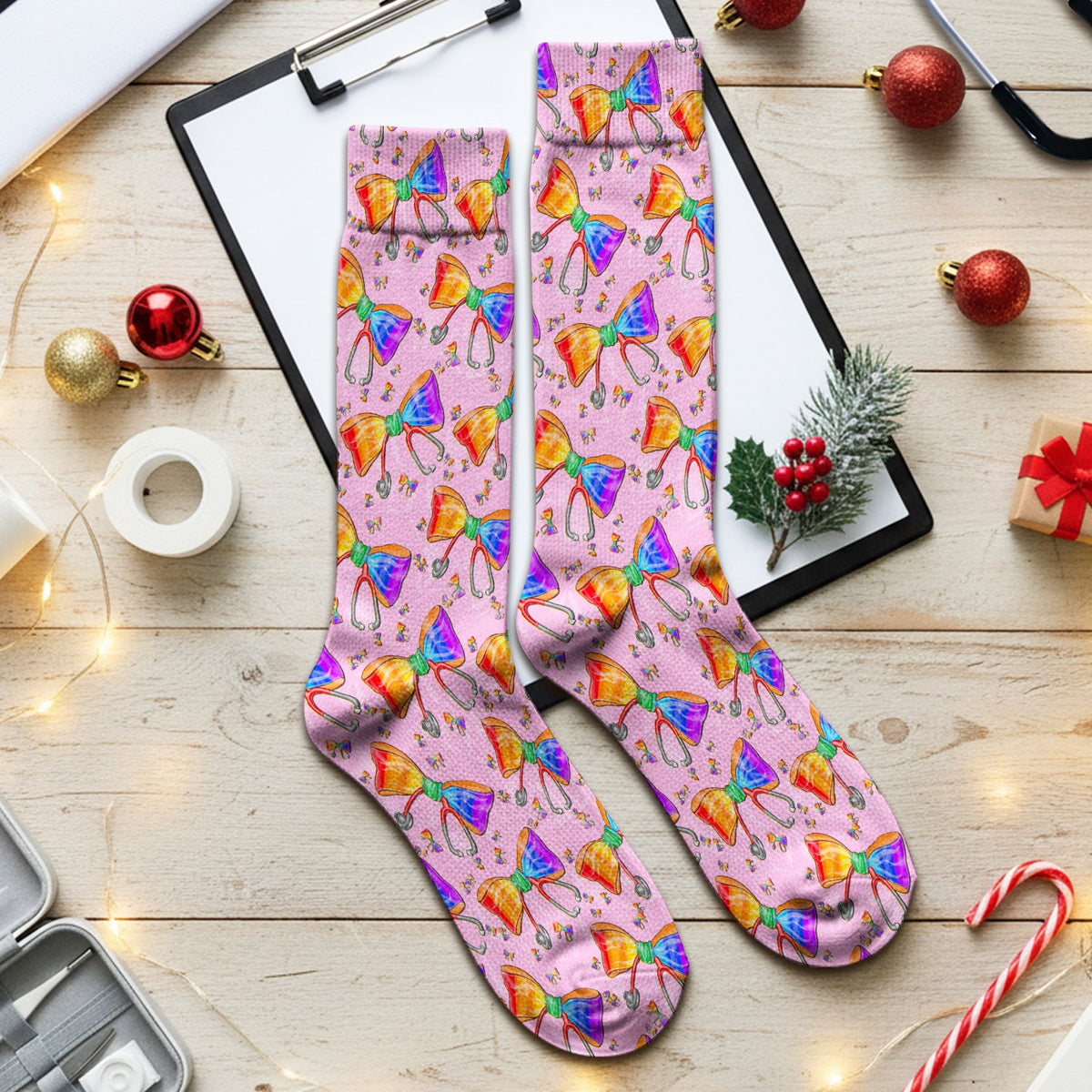 Colorful Rainbow Bow Stethoscope Nurse Socks