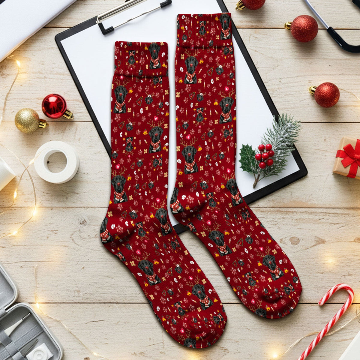 Black Lab Reindeer Christmas Nurse Socks - Gift For Dog Lover