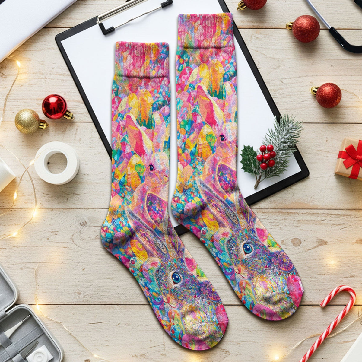 Colorful Artistic Bunny Nurse Socks