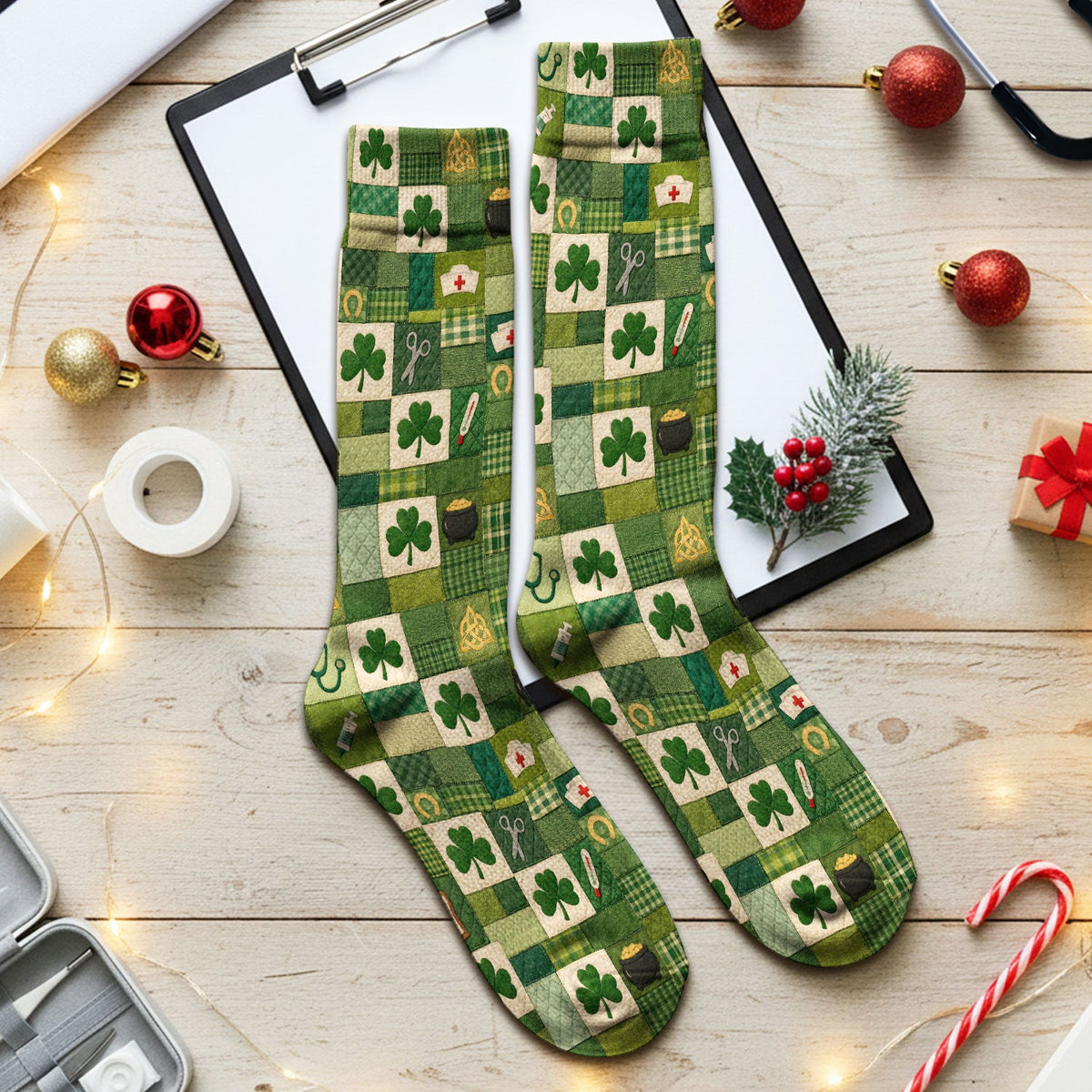 St Patrick Patchwork Shamrock Nurse Socks