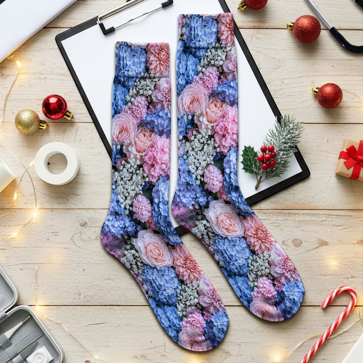 Pastel Hydrangea Rose Blossom Nurse Socks