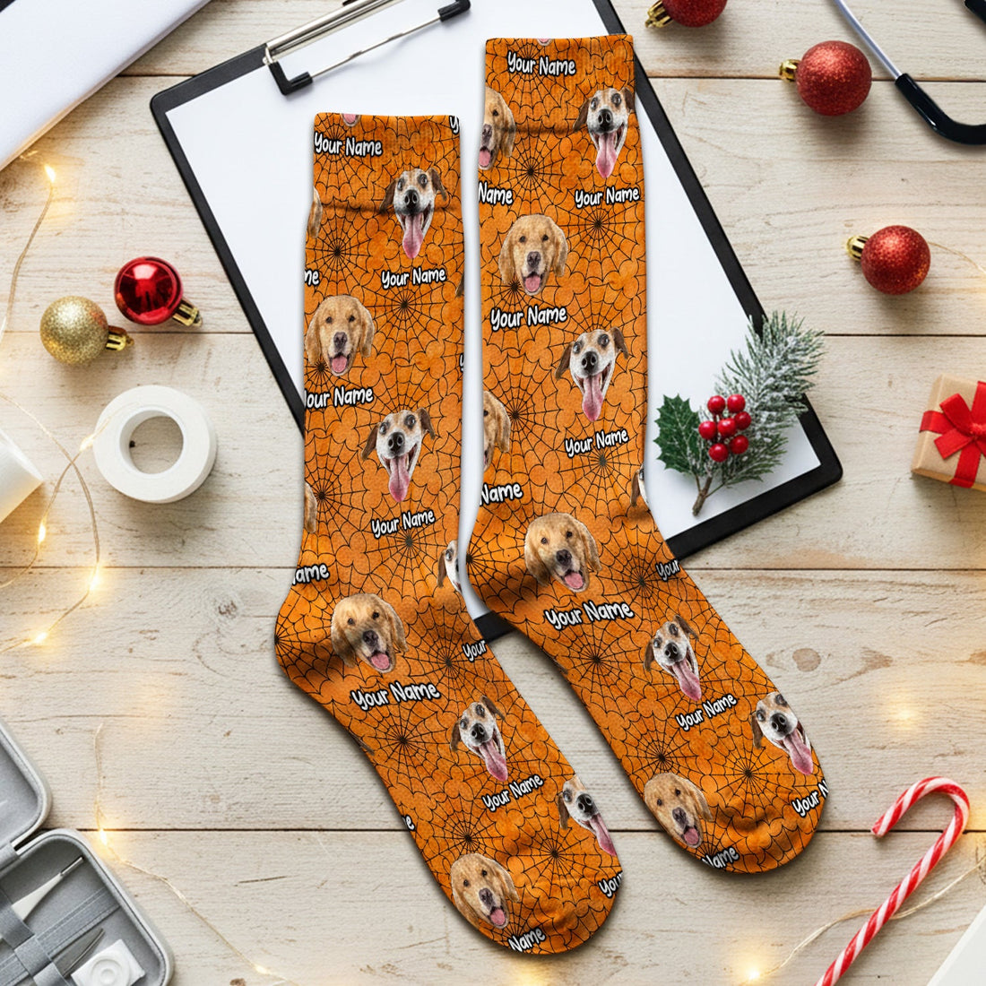 Personalized Halloween Dog Photo Spiderweb Socks