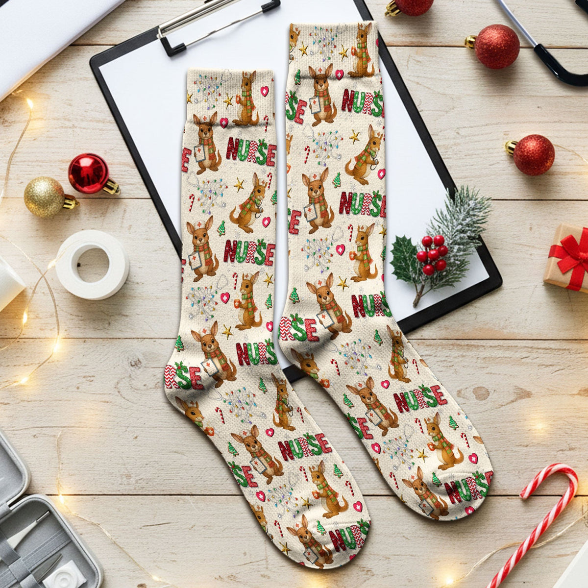 Aussie Kangaroo Christmas Socks for Nurse Doctor - Funny Holiday Adult Socks for Men and Women - Breathable Fabrics Medical Uniform