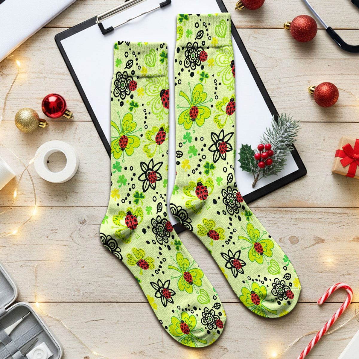 Ladybug Clover Floral Nurse Socks