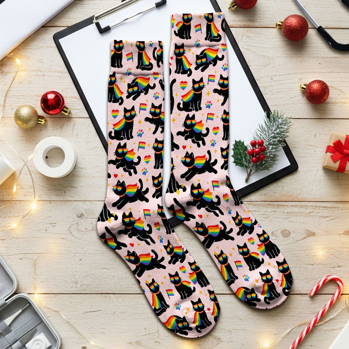 Rainbow Black Cat Pride Nurse Socks
