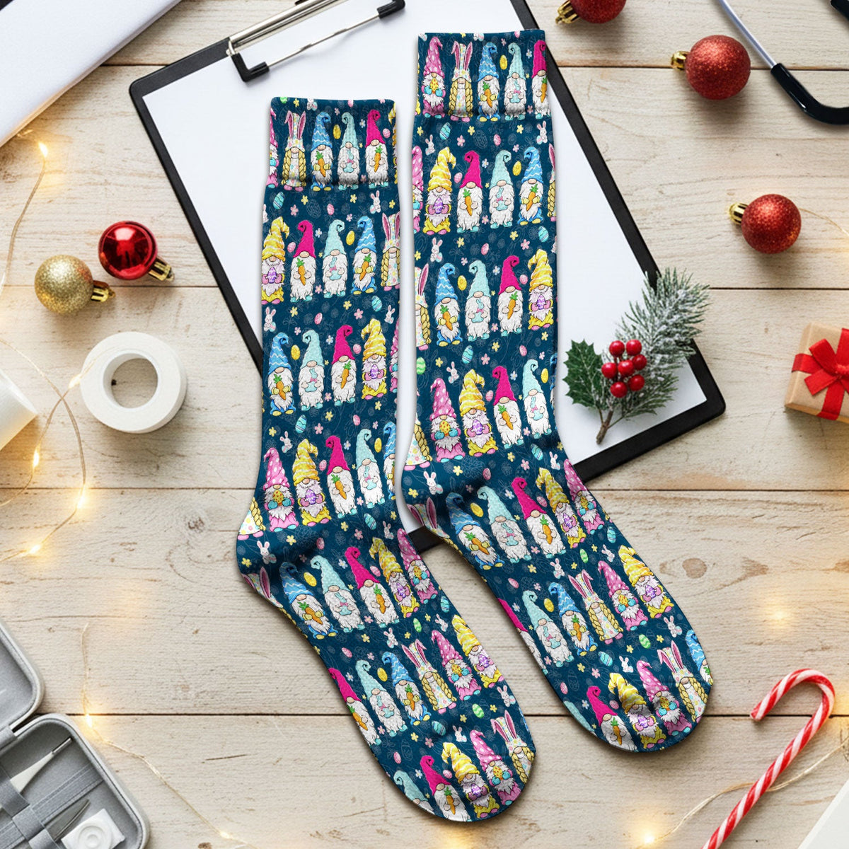 Colorful Easter Gnome Bunny Eggs Nurse Socks
