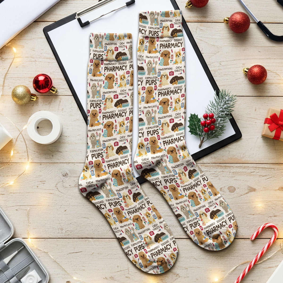 Pharmacy Pups Socks for Nurse Doctor - Cute Dog Adult Socks for Men and Women - Funny Gift for Pharmacists & Vet Techs