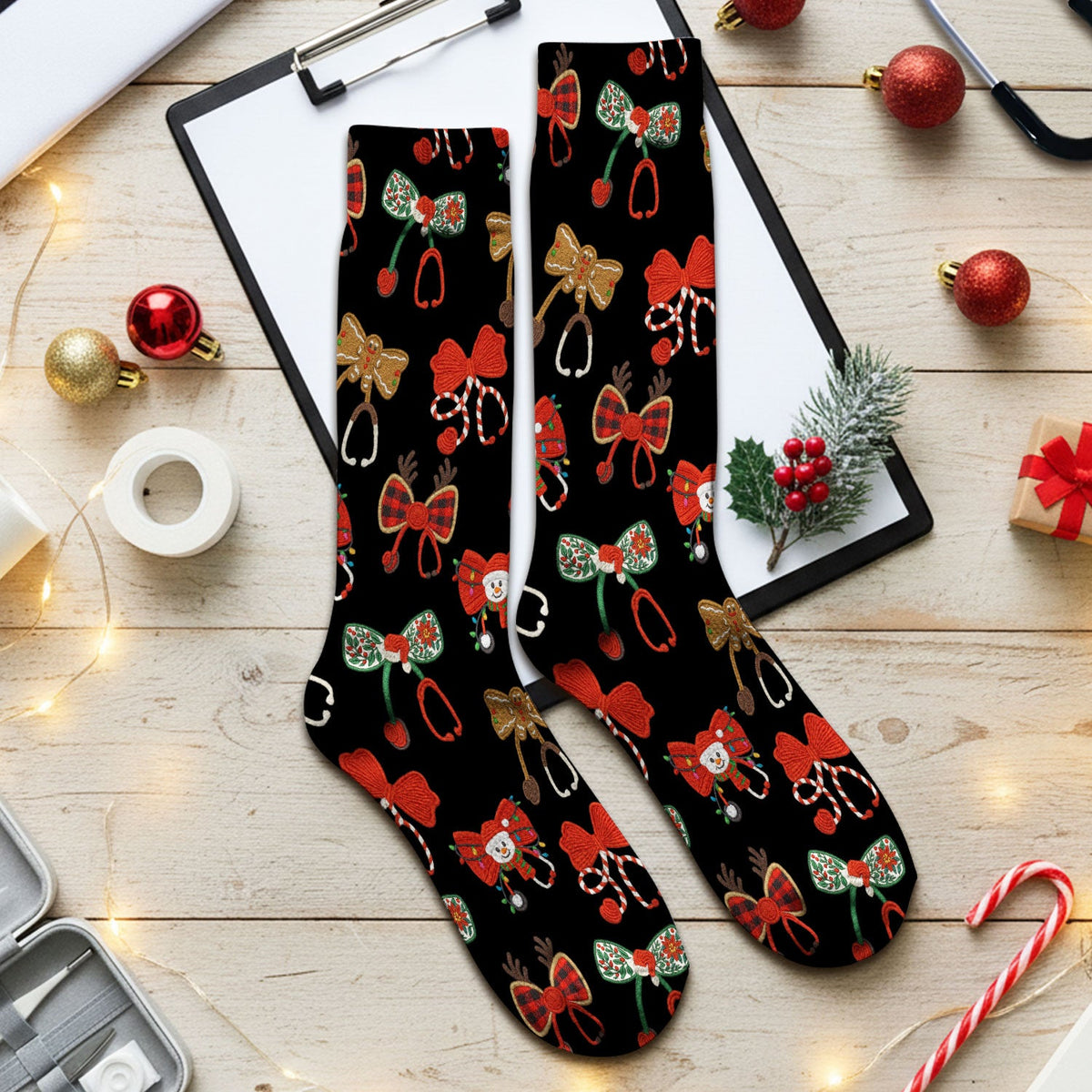 Christmas Stethoscope Bow Nurse Socks