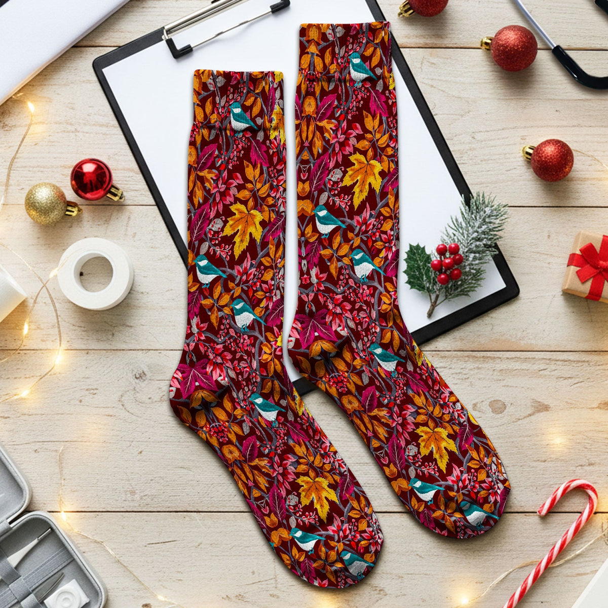 Autumn Leaves Blue Bird Nurse Socks