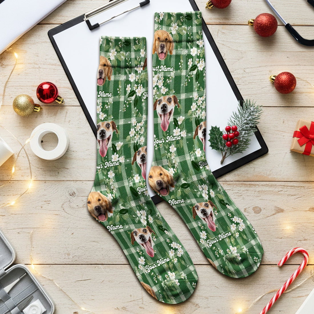 Dog Face Green Plaid Floral Nurse Socks