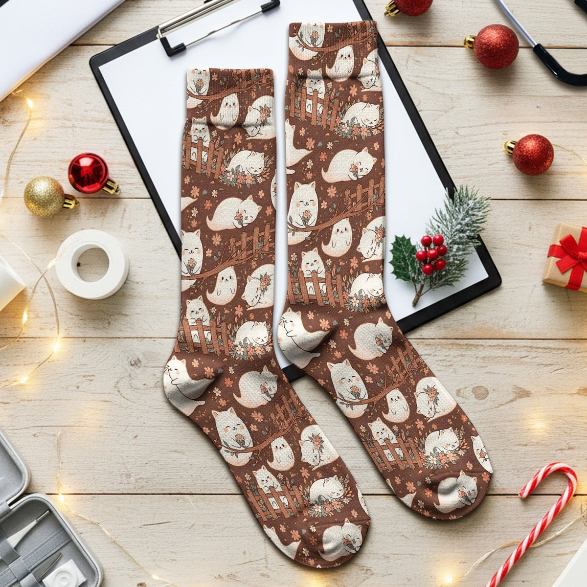 Floral Cat Garden Fence Nurse Socks