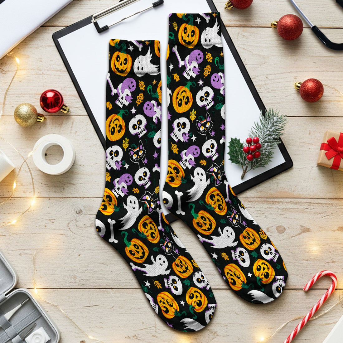 Spooky Pumpkin Ghost Print Nurse Socks