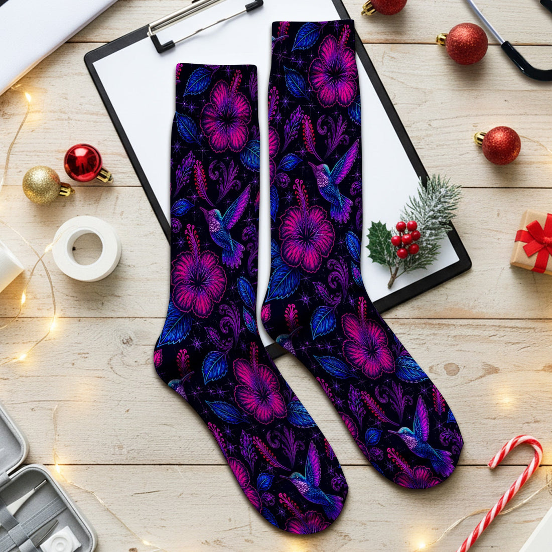 Tropical Hummingbird Hibiscus Floral Nurse Socks