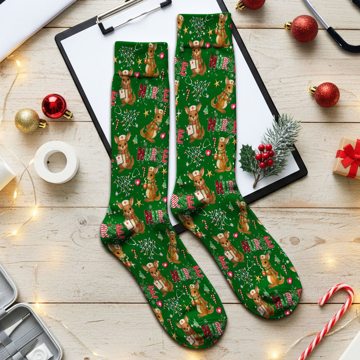 Aussie Kangaroo Christmas Socks for Nurse Doctor - Funny Holiday Adult Socks for Men and Women - Breathable Fabrics Medical Uniform