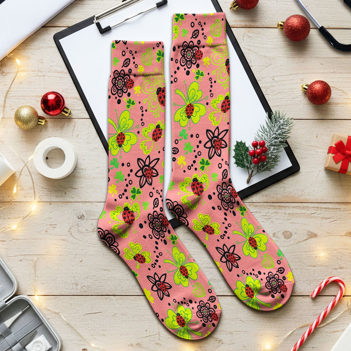 Ladybug Clover Floral Nurse Socks