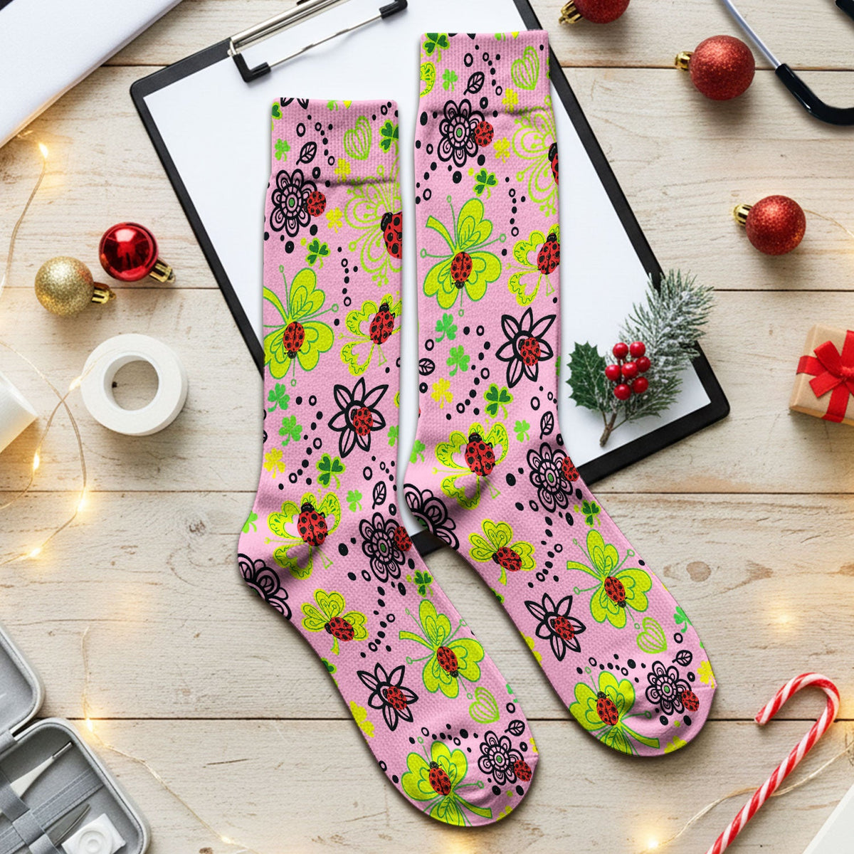 Ladybug Clover Floral Nurse Socks