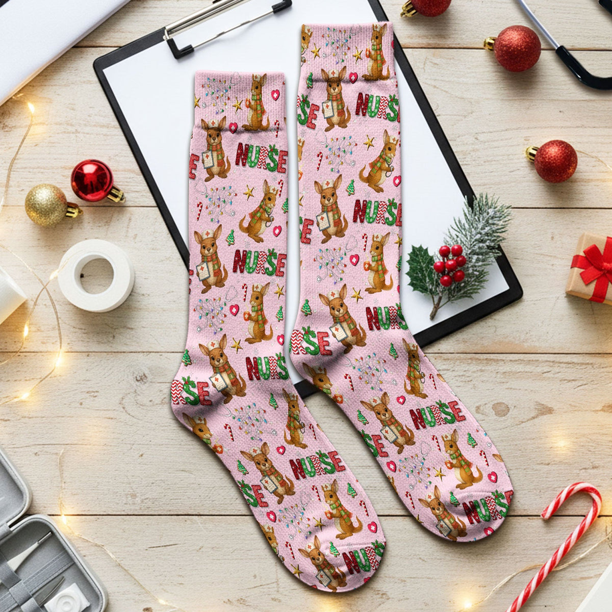 Aussie Kangaroo Christmas Socks for Nurse Doctor - Funny Holiday Adult Socks for Men and Women - Breathable Fabrics Medical Uniform