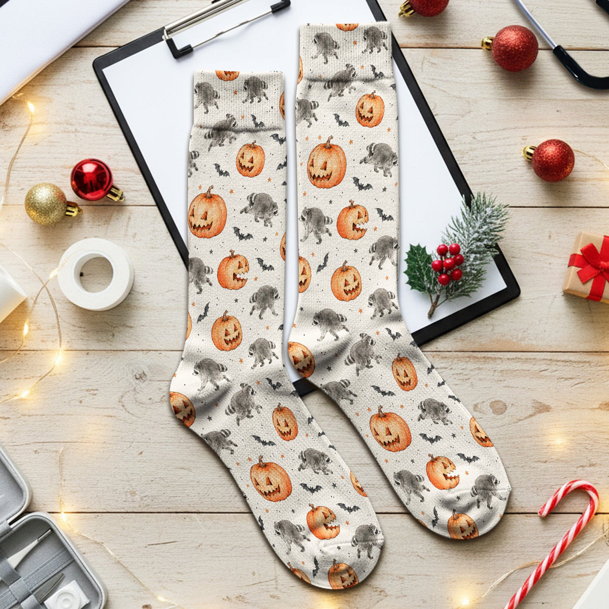 Spooky Raccoon Pumpkin Nurse Socks