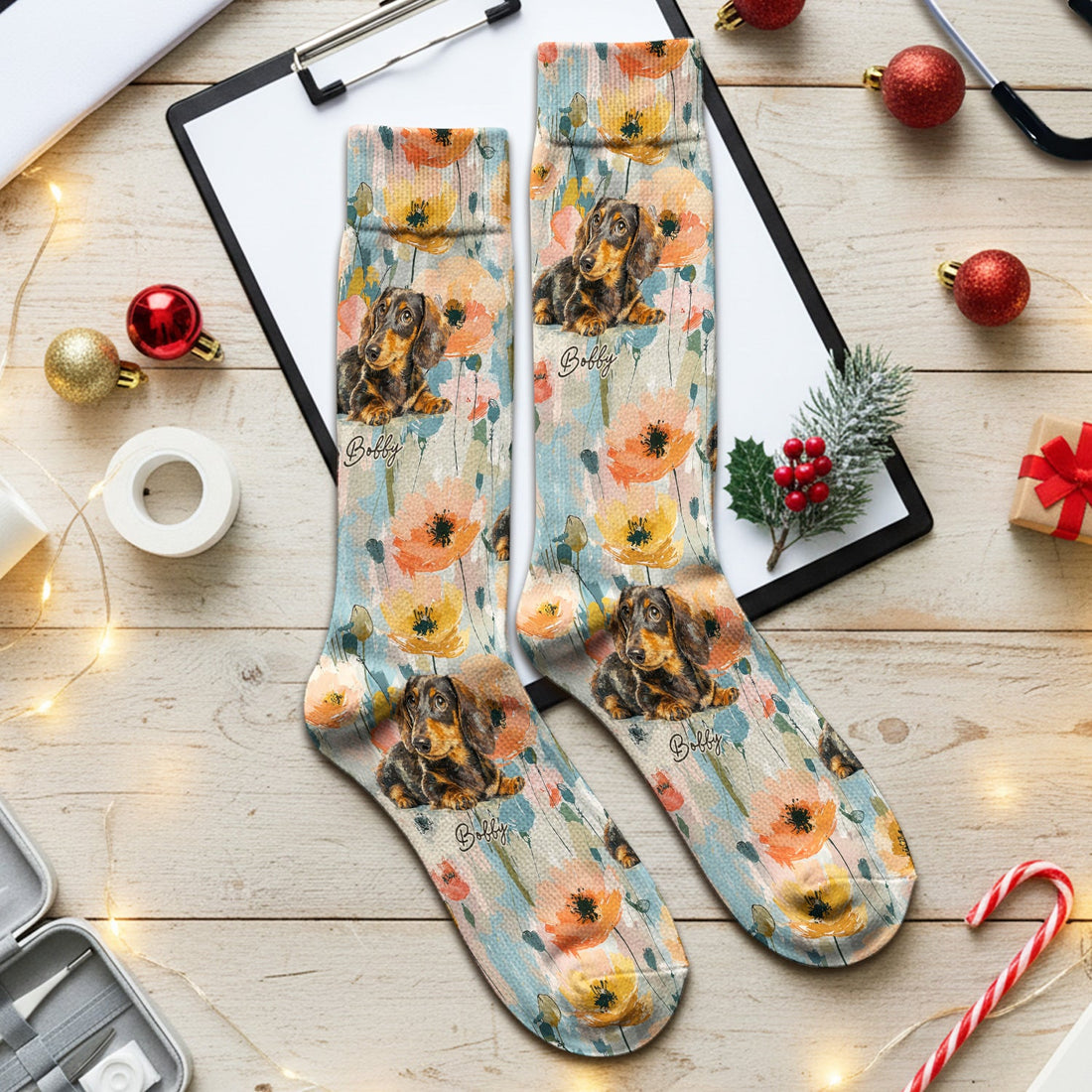 Personalized Dachshund Photo Floral Nurse Socks