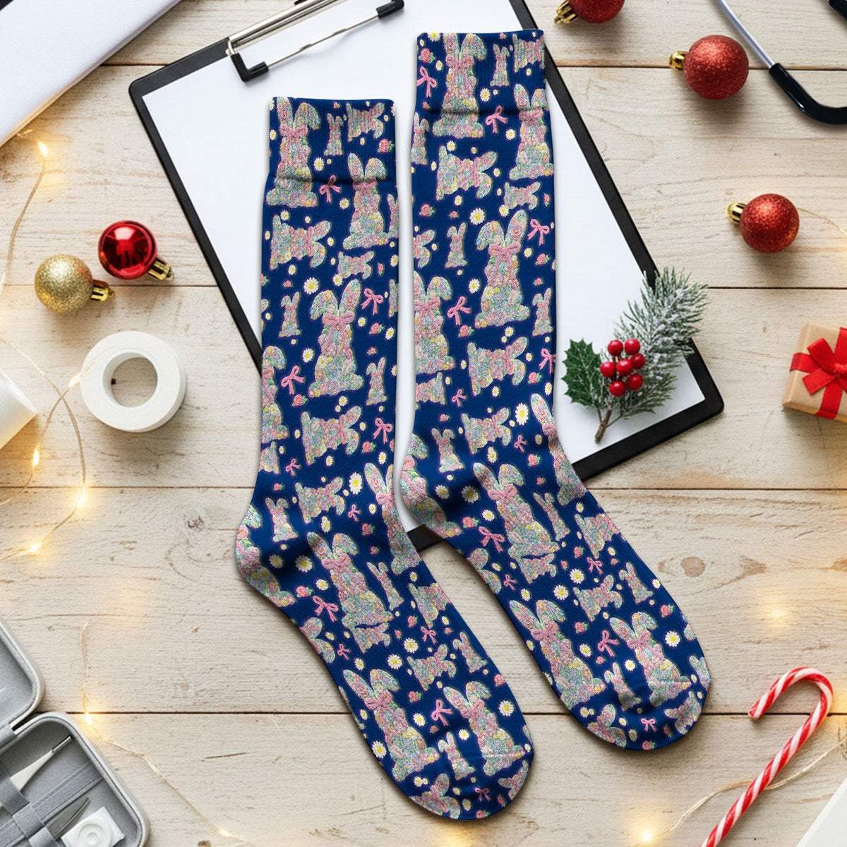 Colorful Floral Bunny Pink Bow Nurse Socks