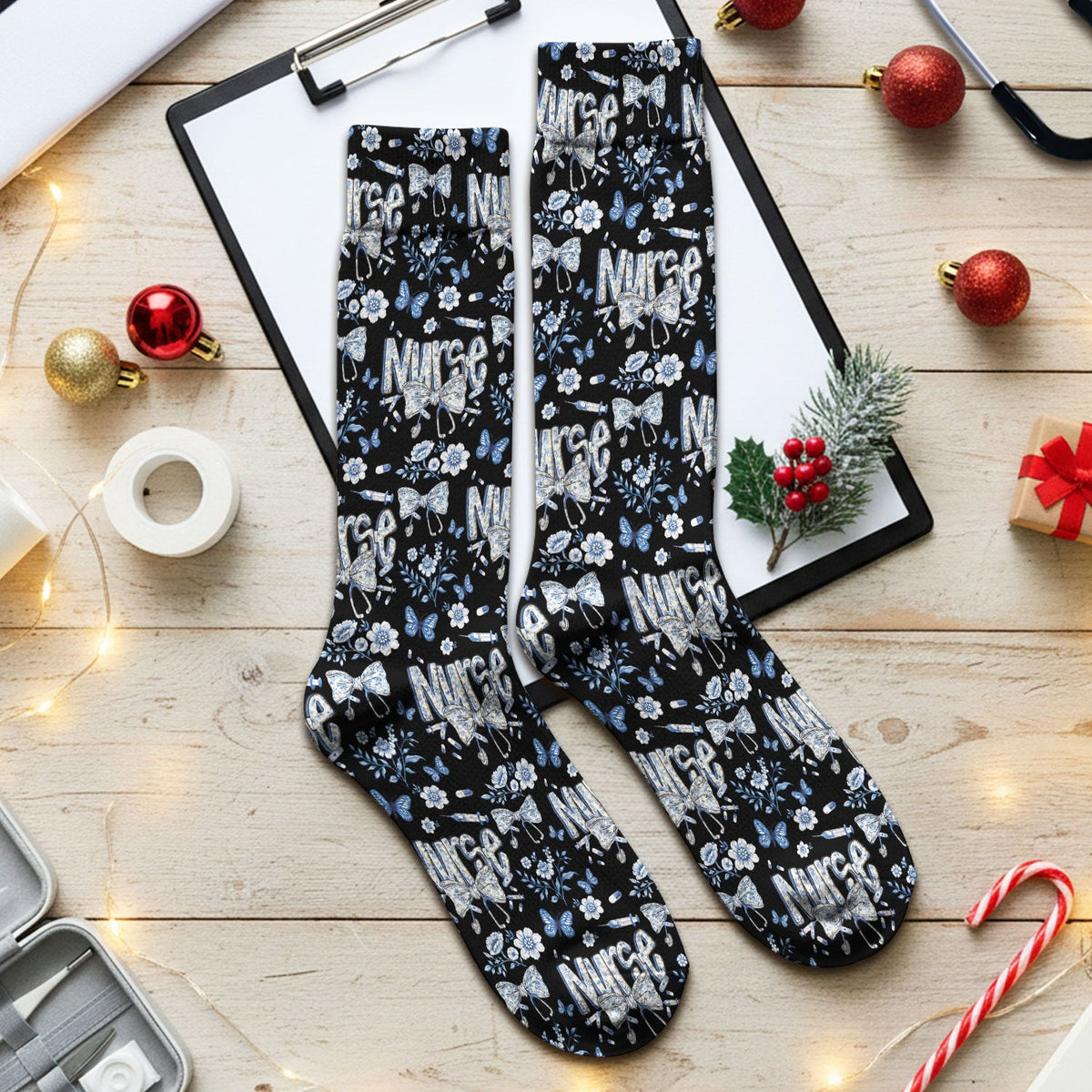 Blue Nurse Bow Butterfly Floral Socks
