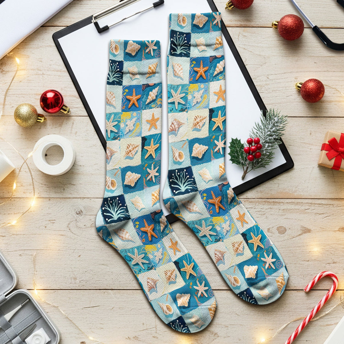Seashell Starfish Ocean Tile Nurse Socks