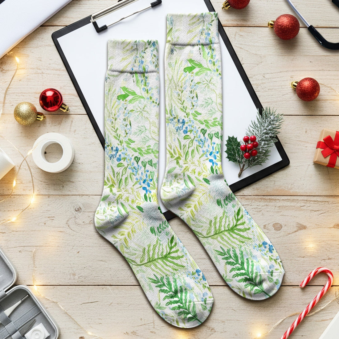 Green Botanical Floral Nurse Socks
