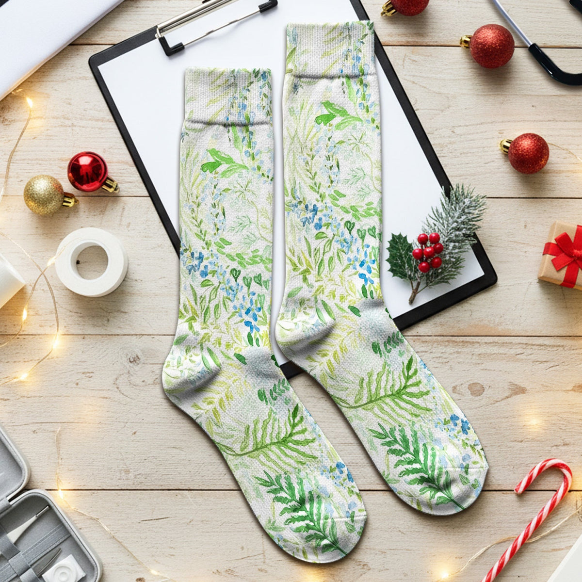 Green Botanical Floral Nurse Socks