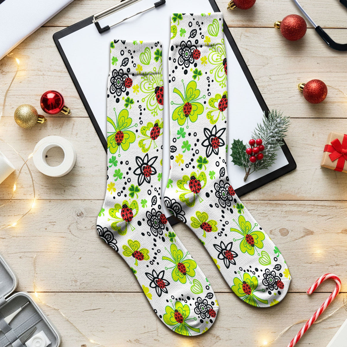Ladybug Clover Floral Nurse Socks