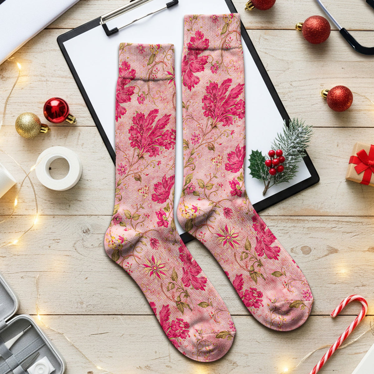 Elegant Pink Floral Vine Nurse Socks
