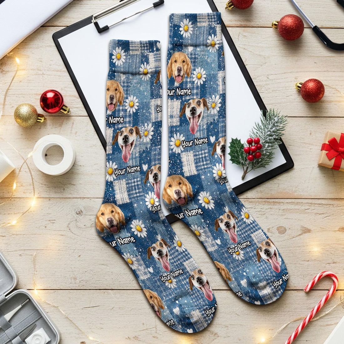 Personalized Dog Photo Patchwork Daisy Nurse Socks