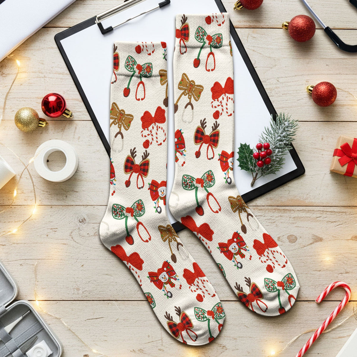 Christmas Stethoscope Bow Nurse Socks