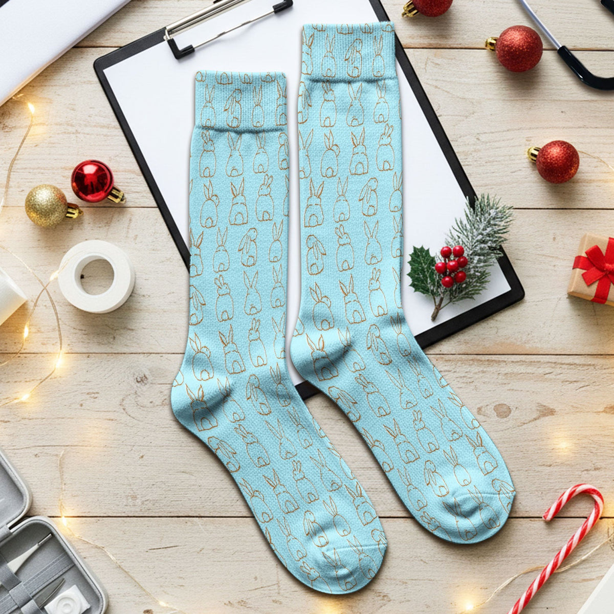 Cartoon Bunny Line Art Nurse Socks