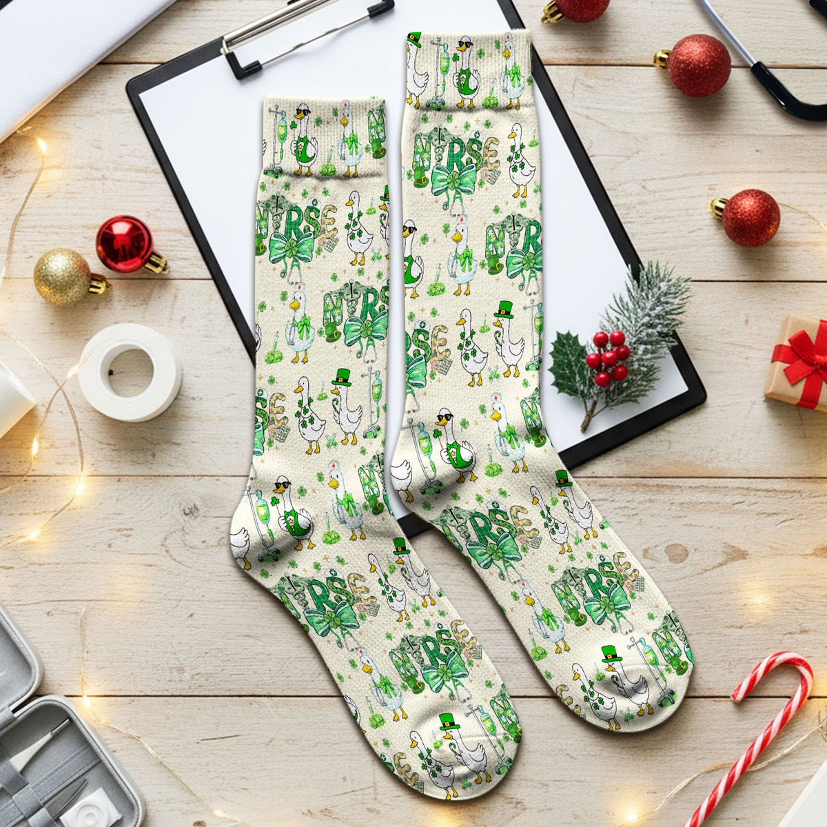 Shamrock Goose Nurse Socks - St Patricks Day Gift