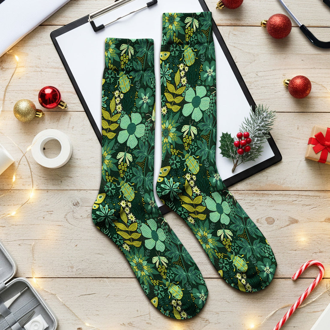 Green Botanical Butterfly Nurse Socks