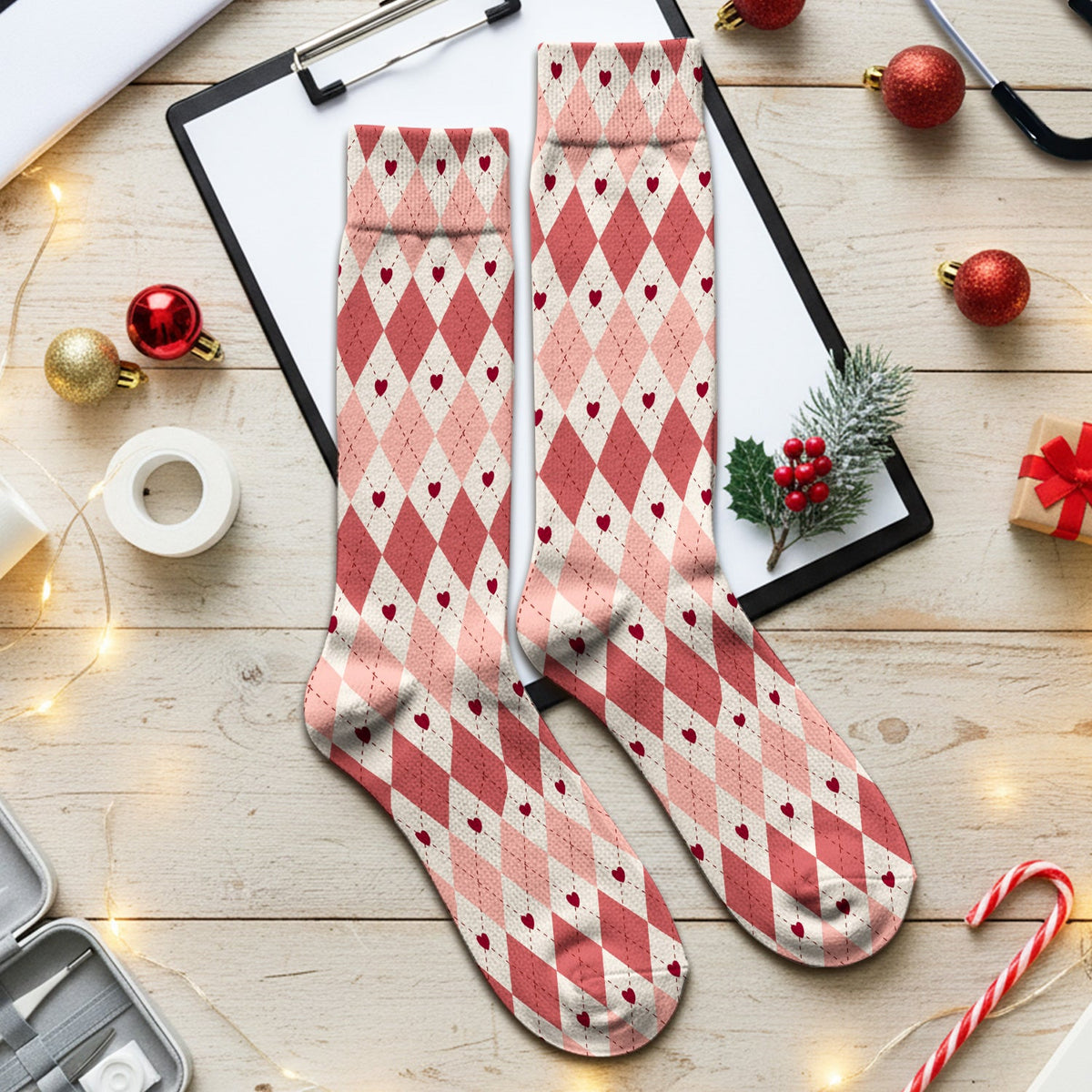 Red Argyle Plaid Nurse Socks
