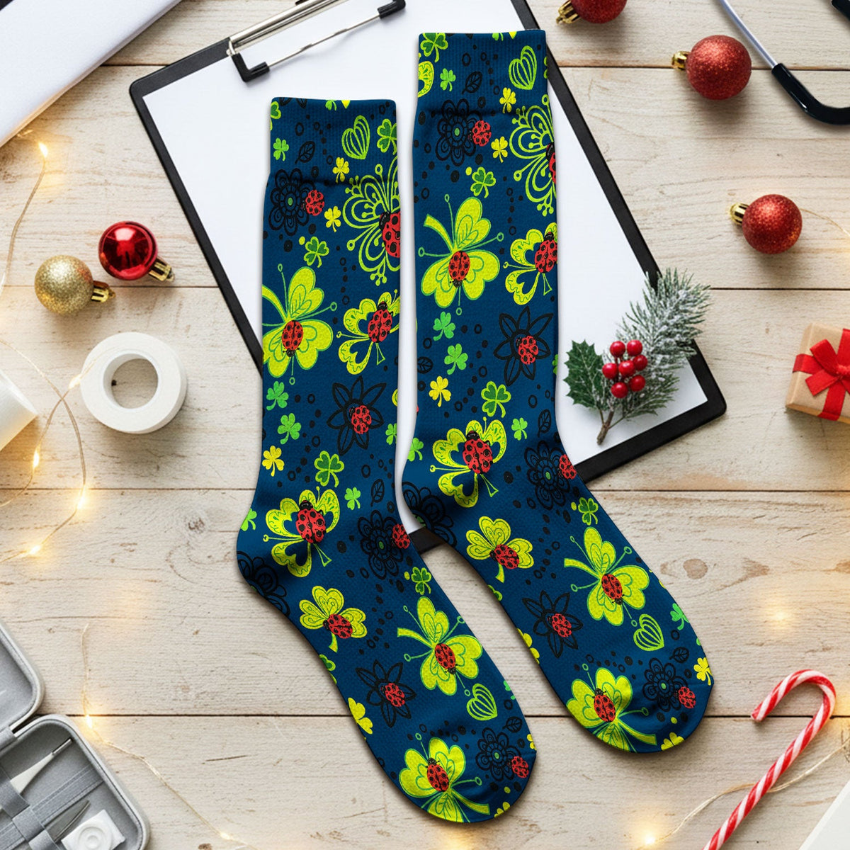 Ladybug Clover Floral Nurse Socks