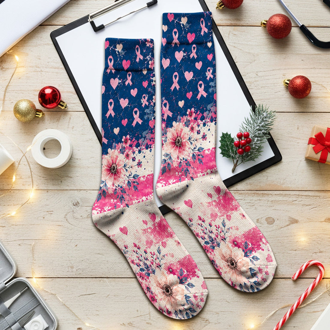 Breast Cancer Floral Flag Nurse Socks