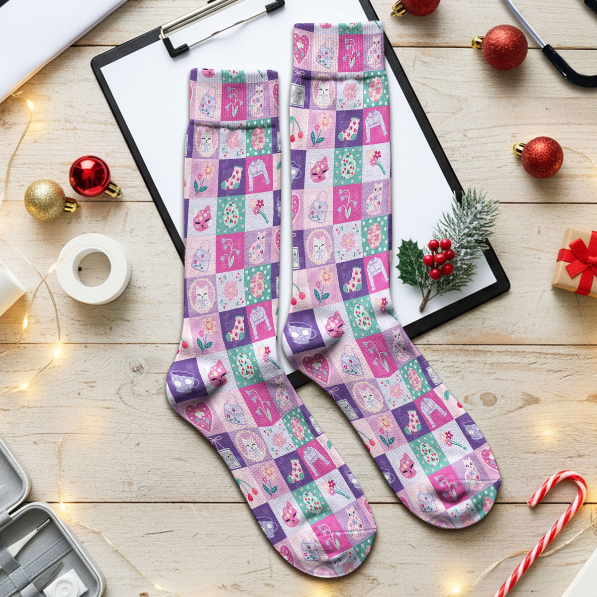 Pastel Cat Patchwork Nurse Socks
