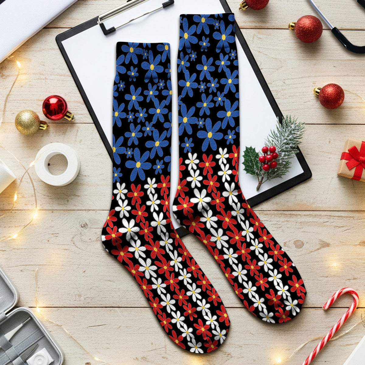 Retro Red Blue Daisy Nurse Socks