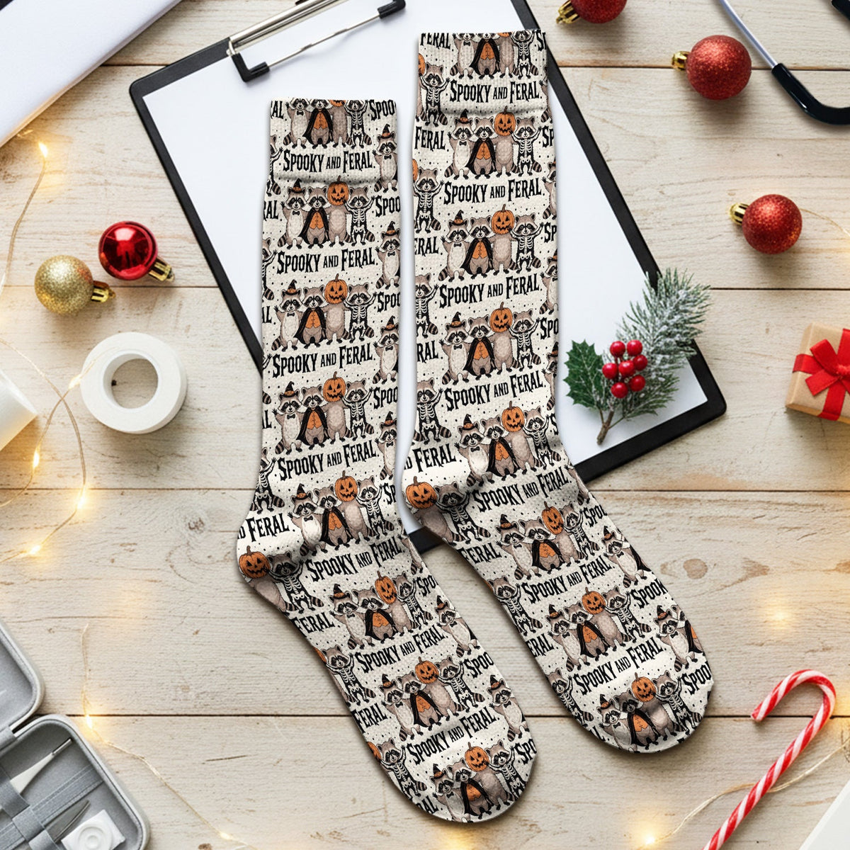 Spooky Feral Raccoon Print Nurse Socks