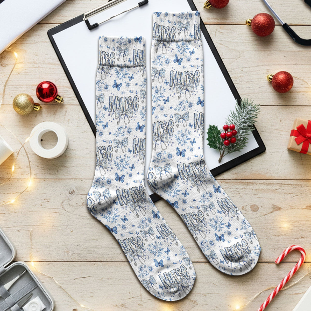 Blue Nurse Bow Butterfly Floral Socks