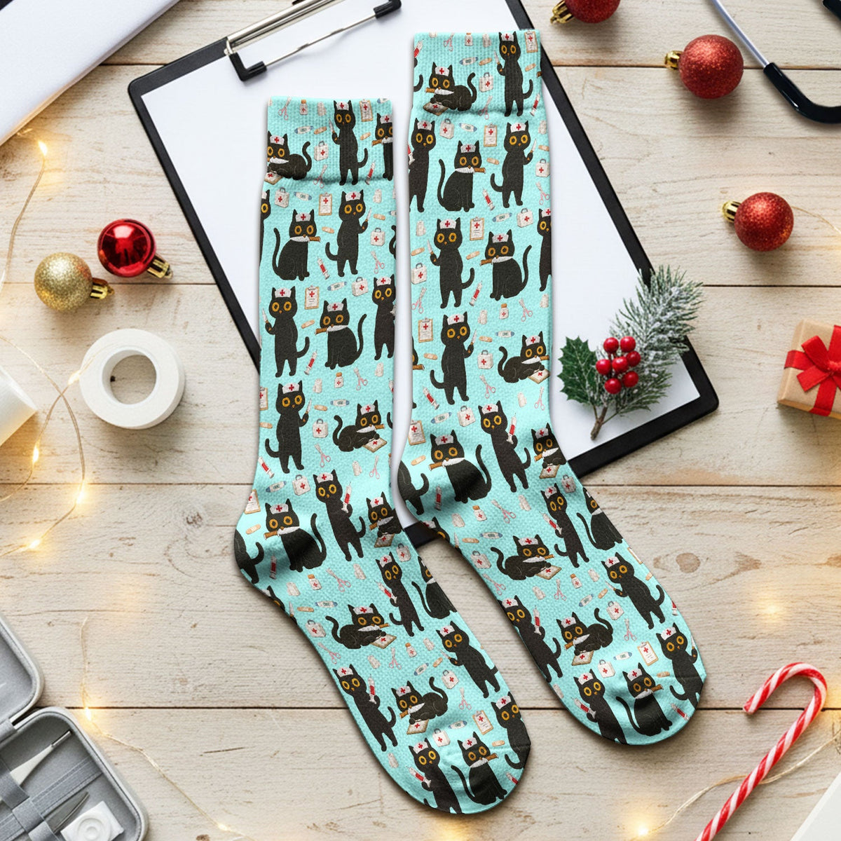 Cute Teal Black Cat Nurse Socks