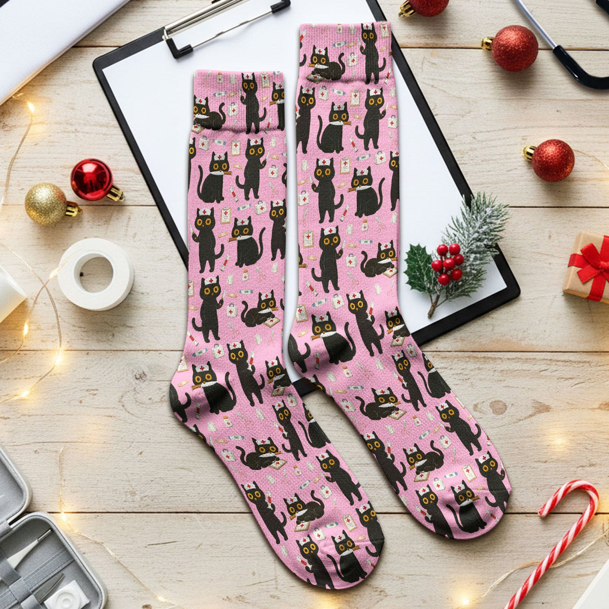 Cute Teal Black Cat Nurse Socks