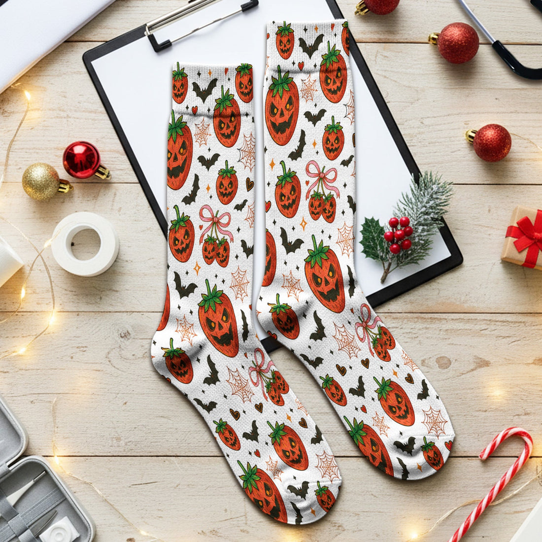 Sweet Halloween Strawberry Jack O Lanterns Nurse Socks