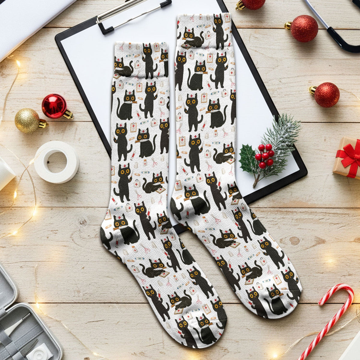 Cute Teal Black Cat Nurse Socks